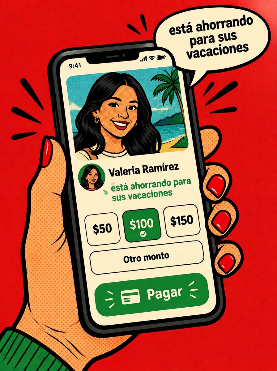 Una mano sostiene un teléfono con Propinator: Valeria Ramírez está ahorrando para unas vacaciones y el cliente elige la propina