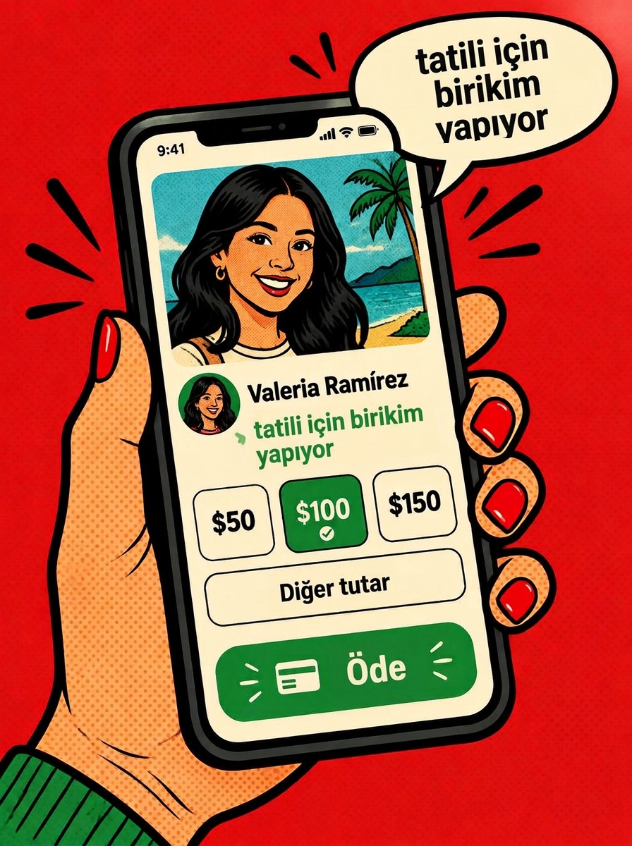 Bir el Propinator ekranını gösteren telefonu tutuyor: Valeria Ramírez tatili için birikim yapıyor ve müşteri bahşiş tutarını seçiyor