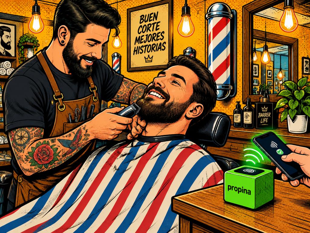 Barbero con tatuajes atendiendo a un cliente sonriente mientras otro deja propina con el cubo Propinator