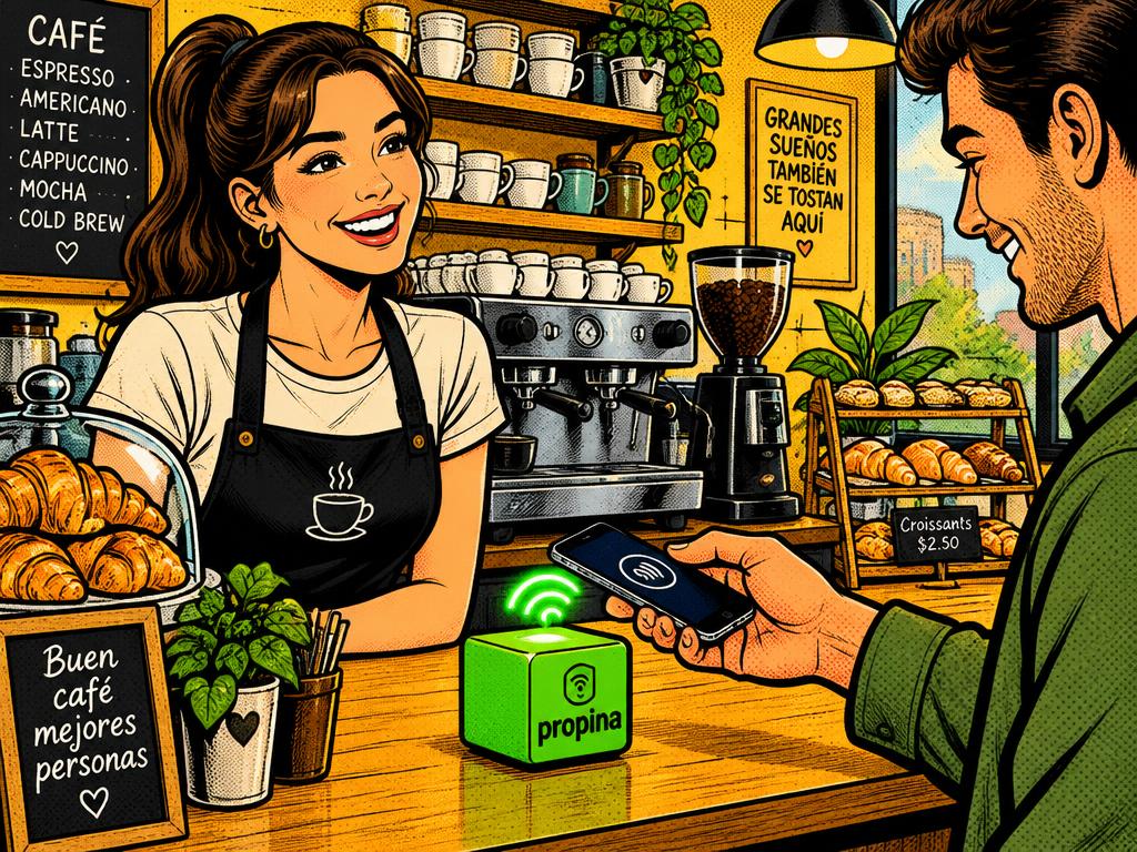 Barista sonriente detrás de la máquina de espresso mientras un cliente deja propina con su teléfono