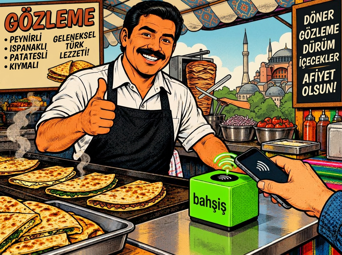 Bir müşteri telefonunu Propinator küpüne yaklaştırırken quesadilla tezgâhında gülümseyen garson